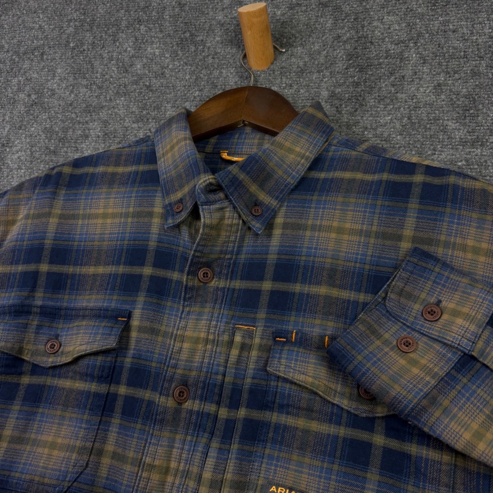 Ariat Rebar Shirt Mens Large Blue Brown Plaid Flannel Workwear 10052803